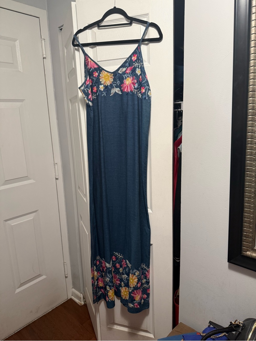 Karen Kane Blue Maxi Slip Dress with Pink & Yellow Floral Embroidery